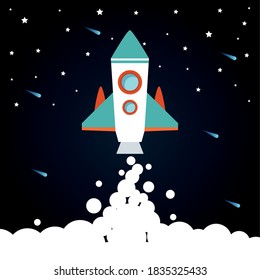 Space rocket with smoke on starry background of futuristic and cosmos theme Vector illustration