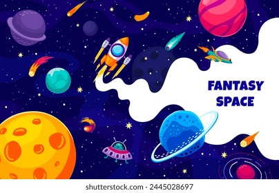 Space rocket, spacecraft and ufo in galaxy between planets and stars. Vector cartoon banner for universe exploration, astronomy science, cosmic investigations with colorful alien celestial bodies