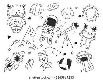 Space rocket spaceship cat people astronaut animal isolated set. Vector graphic design illustration
