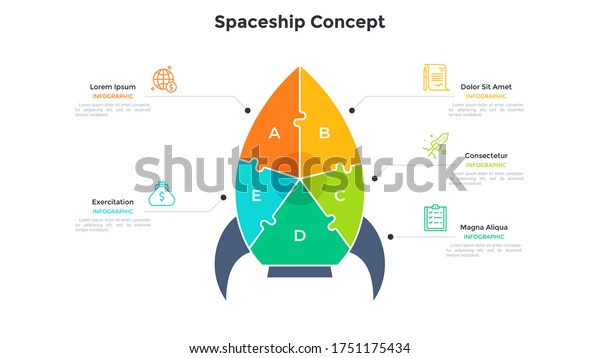 5つのカラフルなピースに分割された宇宙ロケットまたは宇宙船のチャート ビジネス プロジェクトの発表に関する5つの機能のコンセプト 簡単なインフォグラフィックデザインテンプレート バナー用のモダンな平らなベクターイラスト のベクター画像素材