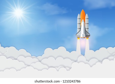 Space rocket or spaceship launch up to sky. business start up concept. success and corporate goal. creative idea. icon. vector illustration