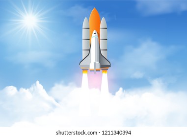 Space rocket or spaceship launch up to sky. business start up concept. success and corporate goal. creative idea. icon. vector illustration
