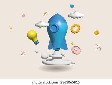 Cohetes espaciales, naves espaciales o naves espaciales Concepto de lanzamiento de proyectos financieros de inicio, ganancia comercial, ganancia o beneficio. Ilustración vectorial de caricatura 3D para cartel.
