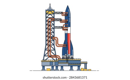 Space rocket standing on its launch pad with support gantry towers ready for a mission to outer space.