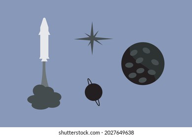 Space Rocket,  Star, Galaxy, and Asteroid symbols vector illustration.  