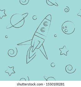 Space Rocket And Stars Seamless Background