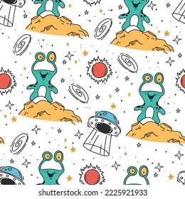 Space rocket starship alien planet seamless pattern cover background abstract concept. Vector graphic design illustration element
