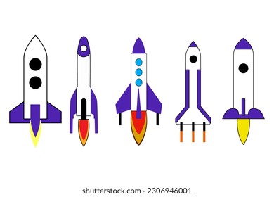 Space rocket start up launch symbol innovation development technology flat icons design set template vector illustration