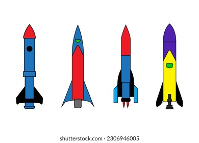 Space rocket start up launch symbol innovation development technology flat icons design set template vector illustration