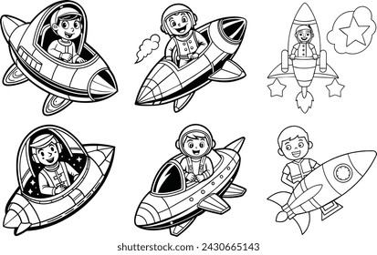 Space rocket starting, coloring Page for a children's book, thin black outline kids coloring page.