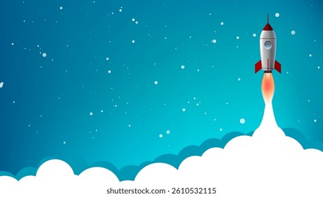 Space Rocket Startup Or landing Template Banner. EPS10 Vector