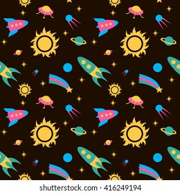 space, rocket , sun, moon , planet, pattern , vector art