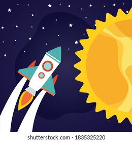 Space rocket with sun on starry background of futuristic and cosmos theme Vector illustration