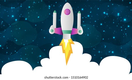Space rocket take off. science spaceship launch with blast fire vector illustration 