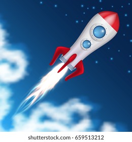 Space rocket take off. Science spaceship launch with blast fire vector illustration. Ship launch to space, spacecraft or rocket flight