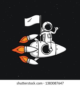 Space rocket take off with sitting down cute astronaut holding a flag