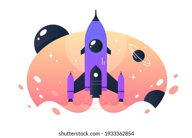 Despegue espacial de cohetes desde la tierra al espacio y vuelos entre estrellas. Avión conceptual para la ciencia, las expediciones y el turismo. Ilustración vectorial.