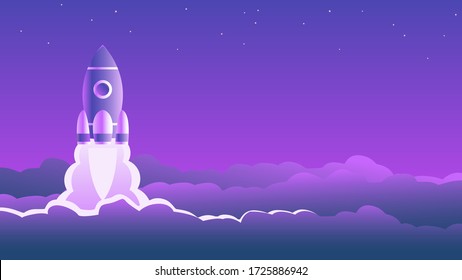 A space rocket takes off in the starry sky. The clouds are lit by a fiery flame. Vector cartoon illustration with place for text.
