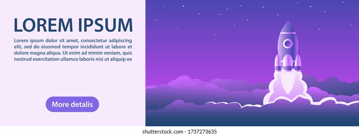 A space rocket takes off in the starry sky. The clouds are lit by a fiery flame. Vector illustration banner with place for text.