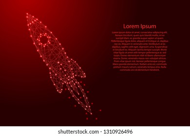 Space rocket taking off from futuristic polygonal red lines and glowing stars for banner, poster, greeting card. Vector illustration.