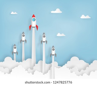 space rocket team launch to the sky in startup, leader concept of business or project. vector paper art