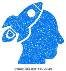 Space Rocket Thinking Head grainy textured icon for overlay watermark stamps. Flat symbol with dust texture. Dotted vector blue ink rubber seal stamp with grunge design on a white background.