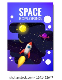 Space rocket space travel, exploration of the universe, other planets, flying rockets, stars of distant galaxies, template of flyear, magazines, posters, book cover, banners. Vector, banner