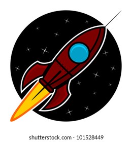 Space rocket traveling over starry sky background