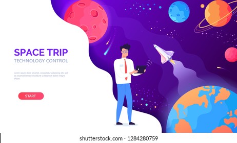 Space rocket trip technology control vector illustration. Color stars, Earth, Mars   and new planets discovered by human