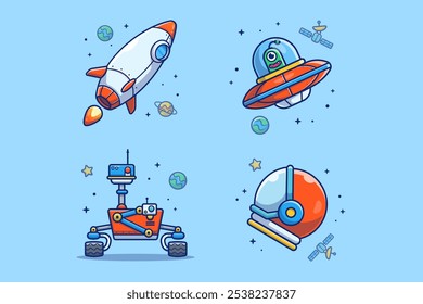 Cohete Espacial Con UFO Alien, Robot Y Astronauta Casco De Dibujos Animados Vector Diseño Ilustraciones Pack