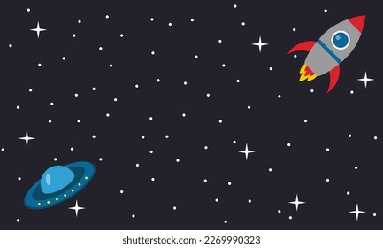 Space, rocket and ufo, background, vector. Rocket and flying saucer on the background of space.