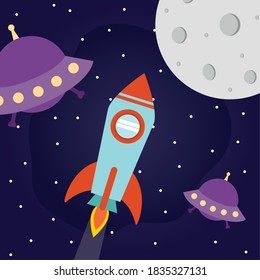 Space rocket with ufos and moon on starry background of futuristic and cosmos theme Vector illustration