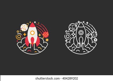 Space, rocket, universe logo template. Vector illustration modern flat and line style
