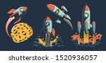 Space rocket of various designs flies in space - set of retro vector illustrations. Vintage spaceship launch to the other planet.