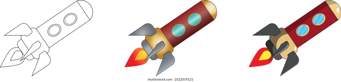 Vector de cohete espacial con estilo de dibujos animados retro. Conjunto de versiones de cohetes espaciales.