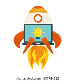 space rocket vehicle and bulb light on laptop computer screen icon over white background. start-up concept. vector illustration