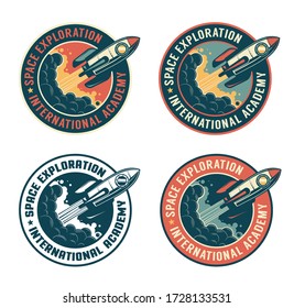 Space rocket vintage badge. Spaceship launch retro emblem. Rocketship start to the other planet astronaut label. Vector illustration.