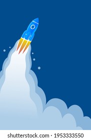 A space rocket with a window flies high to the stars. Behind it is a fiery flame. Cartoon vector illustration poster