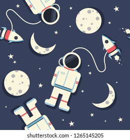 Space rockets, astronauts, moon and stars, hand drawn seamless pattern. Colorful overlapping background vector, outer space. Decorative bright wallpaper, good for printing. Backdrop design, flat style