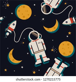 Space rockets, astronauts, moon and stars, hand drawn seamless pattern. Colorful overlapping background vector, outer space. Decorative bright wallpaper, good for printing. Backdrop design, flat style