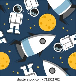 Space rockets, astronauts, moon and stars, hand drawn seamless pattern. Colorful overlapping background vector, outer space. Decorative bright wallpaper, good for printing. Backdrop design, flat style