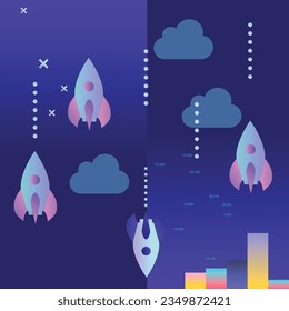 Space rockets, bar chart. Ups and downs. Clouds. Vector graphics. Background. Abstraction.