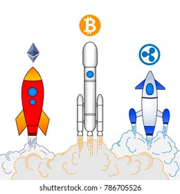 Space rockets are carriers of the popular crypto currency. Multicolored pattern on white background. Bitcoin, ethereum, riplle .Start, growth of crypt currencies. Vector illustration