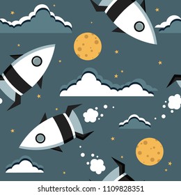Space rockets, clouds, moon, stars, hand drawn seamless pattern. Colorful overlapping background vector, outer space. Decorative wallpaper, good for printing. Backdrop design, flat style, wrapping