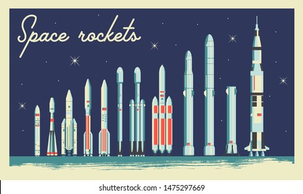 Space rockets collection. 12 different shuttles. Vintage oldschool retro stylish poster design. Flat vector illustration