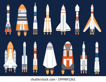 Space rockets. Flat spaceship shuttles launched for cosmic explore mission. Futuristic galaxy technology, spacecraft ship vector set. Illustration rocket spacecraft, cosmic shuttle and spaceship