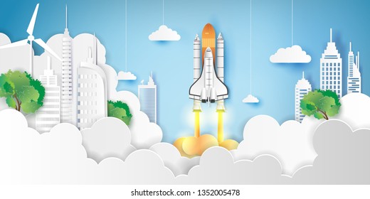 Space rockets float over the city with Future city and urban building on cloud.