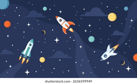 Space rockets flying in space among planets and stars. Flat vector illustration