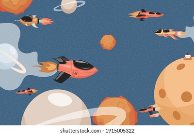 Space rockets flying in cosmos vector flat illustration. Spaceships in outer space flying among planets and stars. Cosmos exploration, space expedition, interstellar traveling concept.