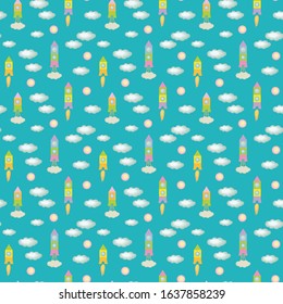 Space rockets multicolored from children's playful fun bright cubes on a bright turquoise sky background with clouds and a round yellow sun vector seamless pattern.